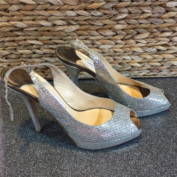 Jimmy Choo Silver “Nova” Peep Toe Heels - Picture 9 of 16